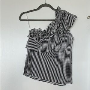 7 For All Mankind Black and White Asymmetrical Ruffled Blouse